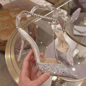 ikearlax New Crystal Sandals Pointed Sequins Stiletto Wedding Shoes Rhinestone Chain Dress High Heels Women One Piece Dropshipping