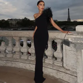 IKEARLAX  New Dress Elegant Noble Solid Color Shoulder Stitching Feather Slim Slimming Long Evening Dress for Women