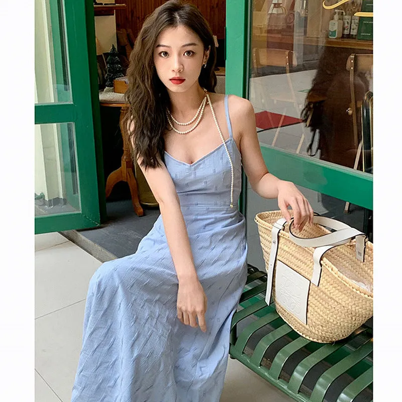 IKEARLAX Style Blue Sling Dress Women's Summer  New Seaside Holiday Fitted Waist Backless Dress