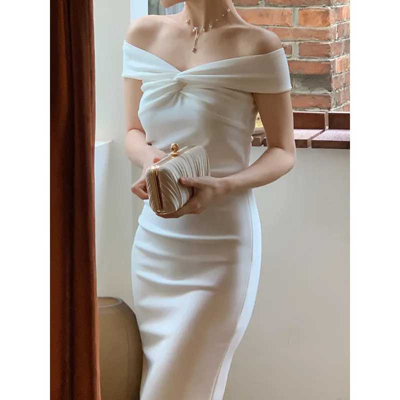 IKEARLAX  Style Slim Fit Socialite Elegant Evening Dress Dress Women's Early Spring and Summer Engagement White off-Shoulder Dress