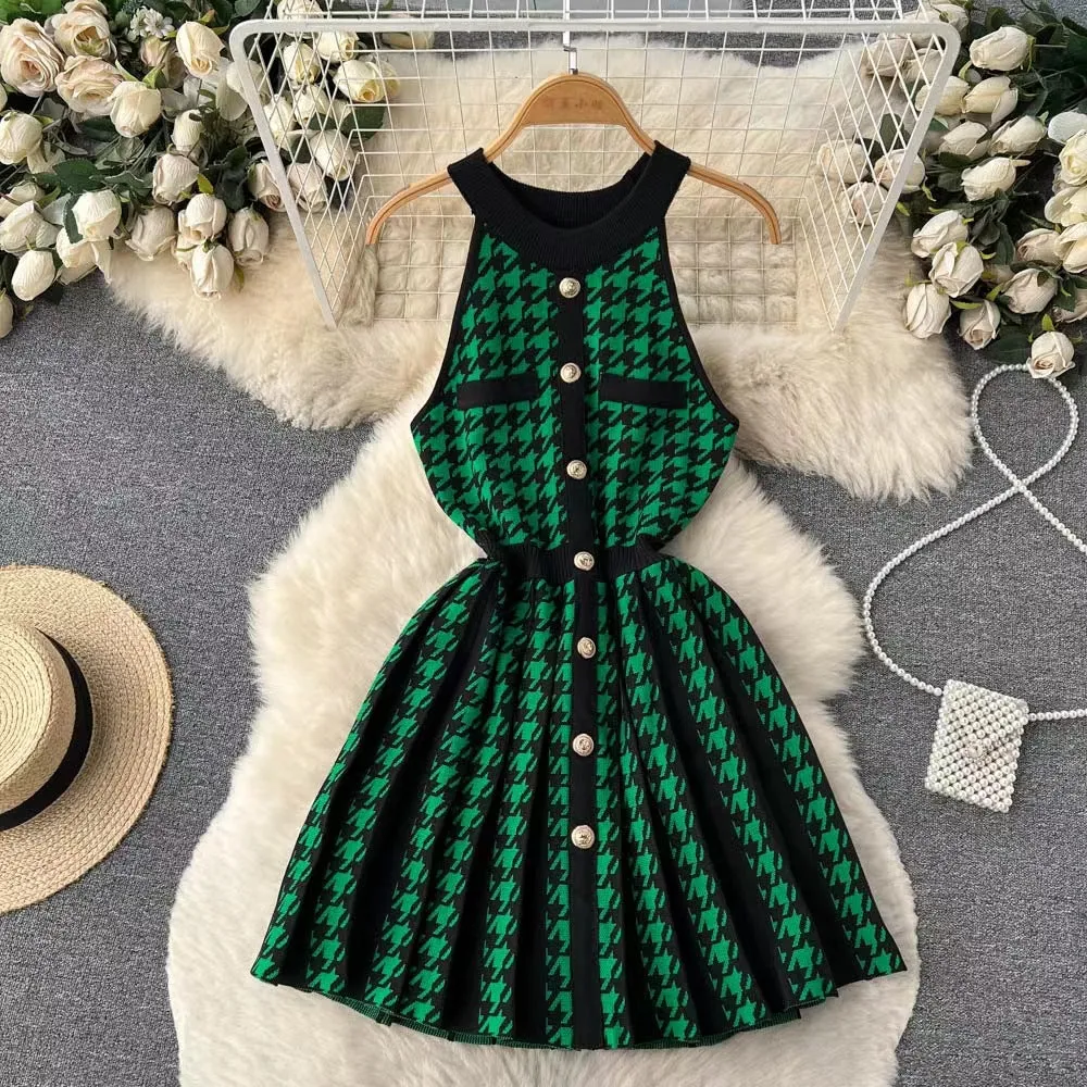 IKEARLAX Summer Korean Style Women's Houndstooth Classic Style Sleeveless Woolen Skirt Waist-Controlled Large Hem Knitted Dress 6436