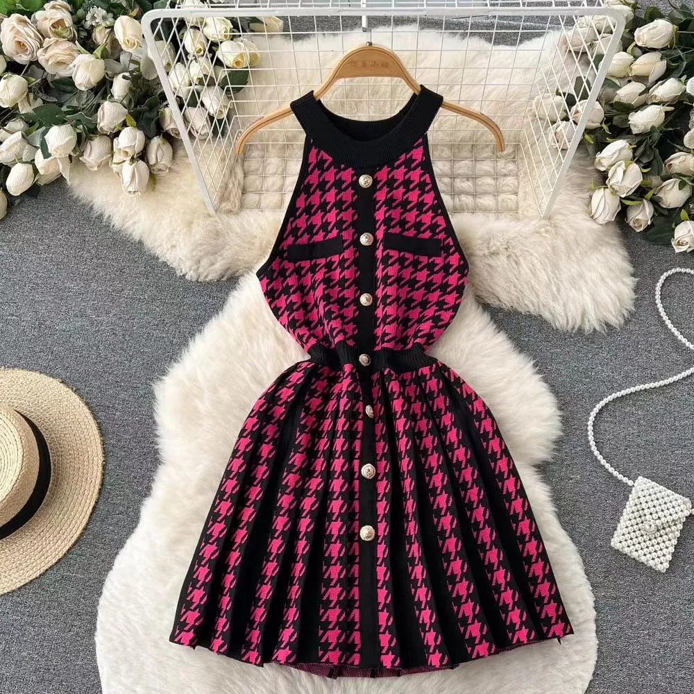 IKEARLAX Summer Korean Style Women's Houndstooth Classic Style Sleeveless Woolen Skirt Waist-Controlled Large Hem Knitted Dress 6436