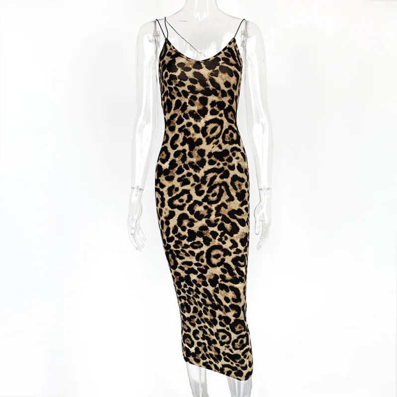 ikearlax Summer New  HOTan and NEWn Women's Clothing V-neck Backless Halter Skirt Fashion Sexy Leopard Print Dress