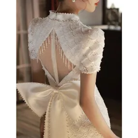 IKEARLAX  White Lace Cheongsam Toast Dress Bride Engagement Evening Dress Women's License Registration  High-End Backless Bow