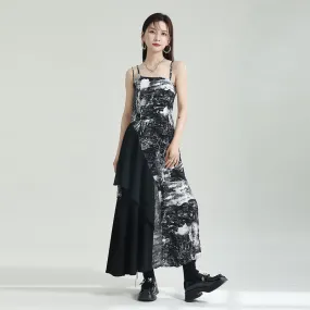 ikearlax Zhongchuang Rizhen  Niche Design Stitching Printing Dress Irregular Spaghetti-Strap Skirt Summer High Sense