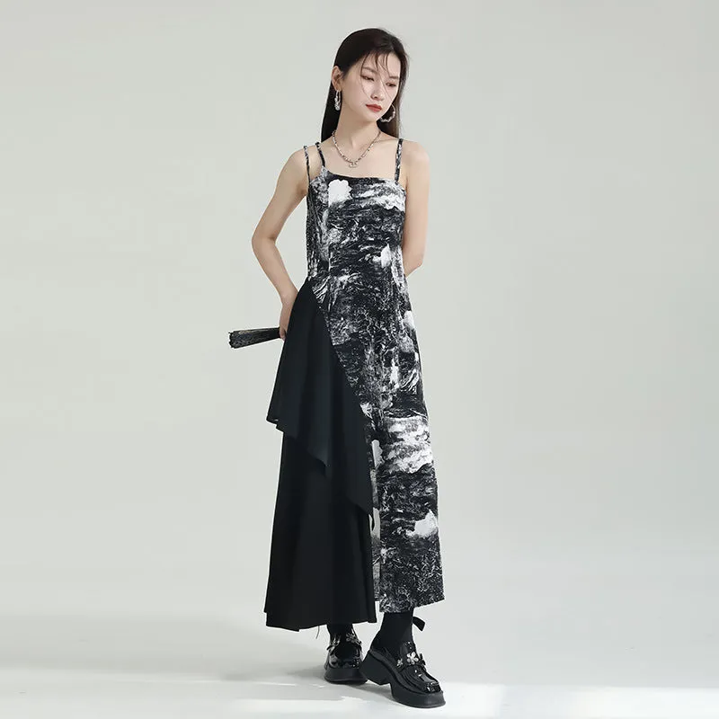 ikearlax Zhongchuang Rizhen  Niche Design Stitching Printing Dress Irregular Spaghetti-Strap Skirt Summer High Sense