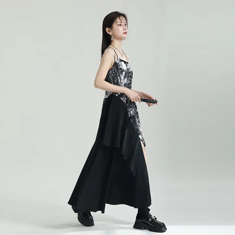 ikearlax Zhongchuang Rizhen  Niche Design Stitching Printing Dress Irregular Spaghetti-Strap Skirt Summer High Sense