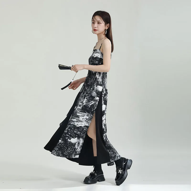 ikearlax Zhongchuang Rizhen  Niche Design Stitching Printing Dress Irregular Spaghetti-Strap Skirt Summer High Sense