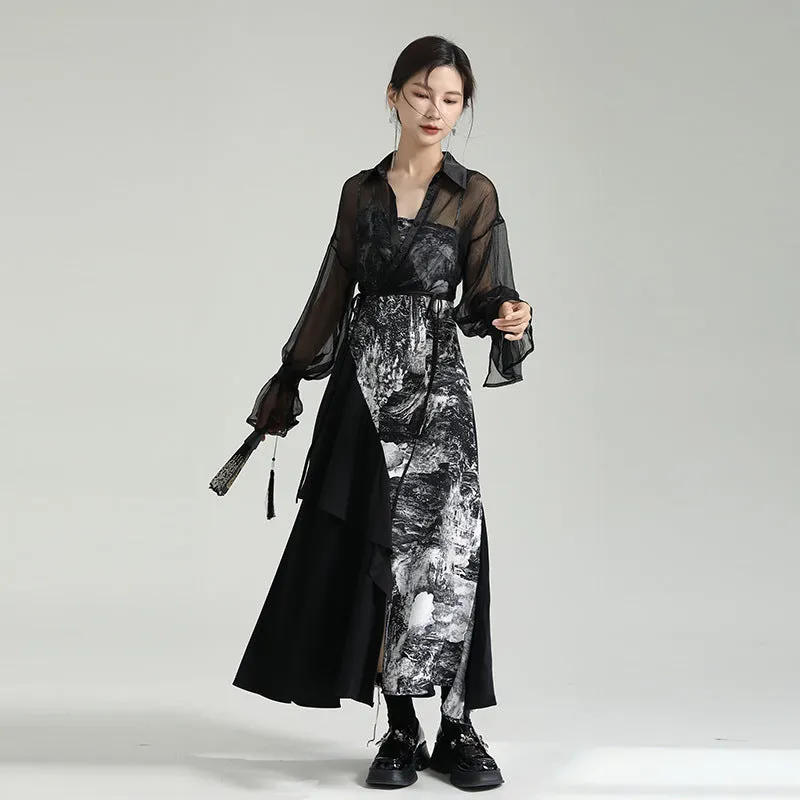 ikearlax Zhongchuang Rizhen  Niche Design Stitching Printing Dress Irregular Spaghetti-Strap Skirt Summer High Sense