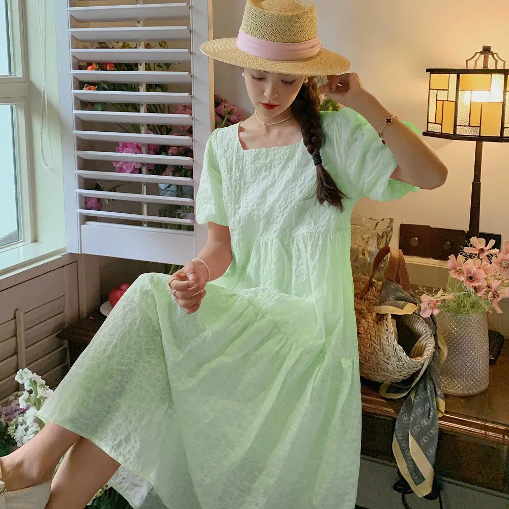 IKERRLAX Real Shot  Pink Puff Sleeve Dress Women's Summer  Sweet Small Fairy Princess Dress A- line Skirt