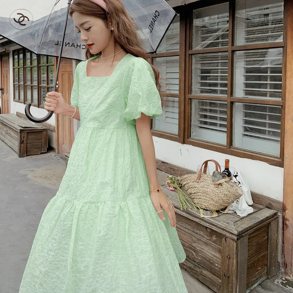 IKERRLAX Real Shot  Pink Puff Sleeve Dress Women's Summer  Sweet Small Fairy Princess Dress A- line Skirt