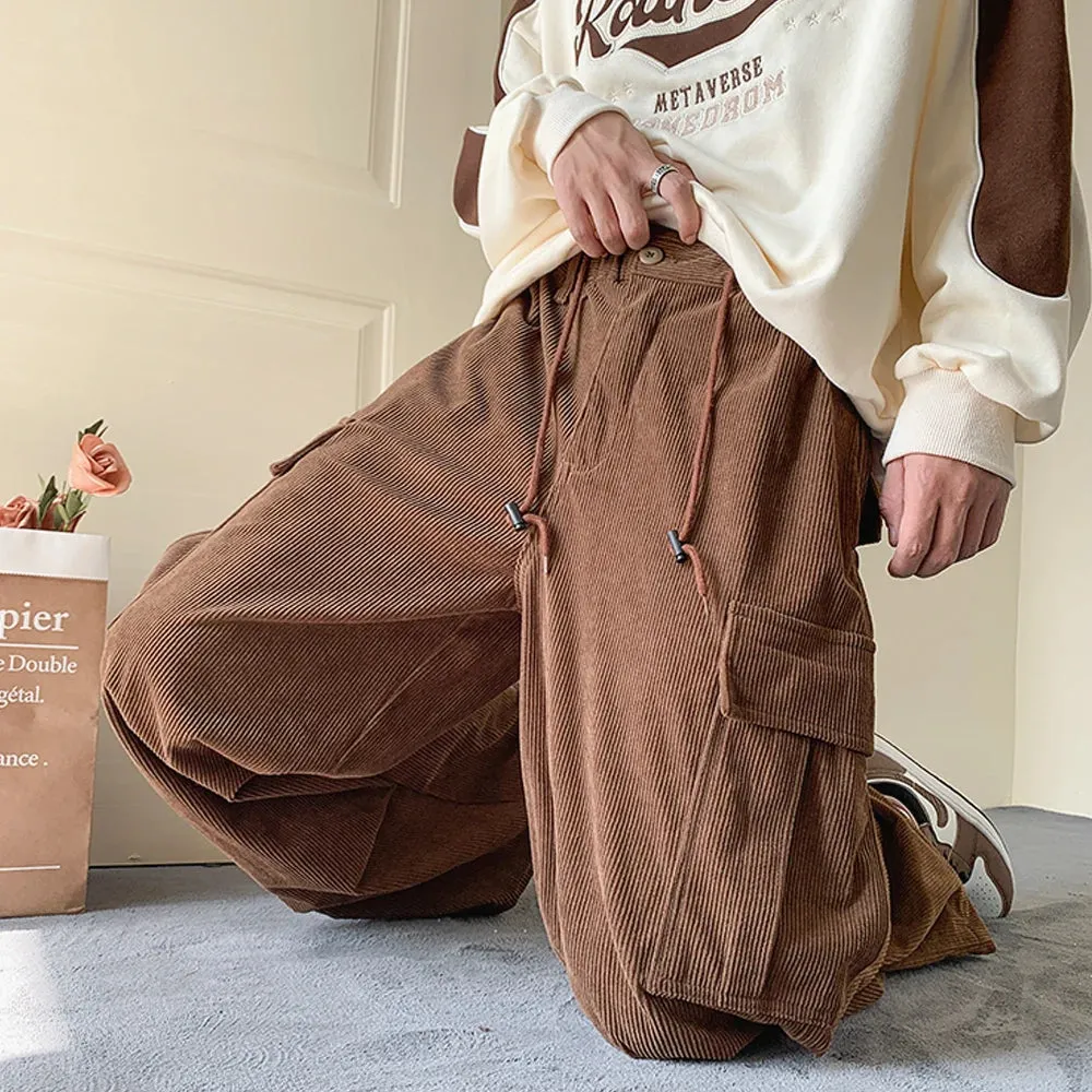 Ilooove Men's Brown Y2K Baggy Japan Pants Oversized Corduroy Loose Wide Leg Cargo Pant Trousers Casual Men Sweatpants Streetwear Korean