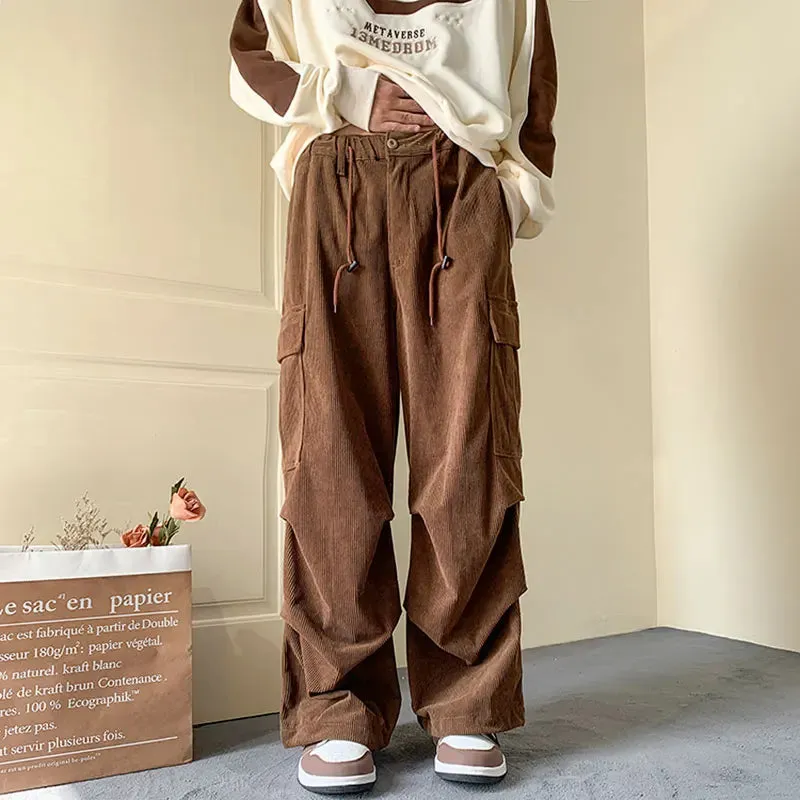 Ilooove Men's Brown Y2K Baggy Japan Pants Oversized Corduroy Loose Wide Leg Cargo Pant Trousers Casual Men Sweatpants Streetwear Korean