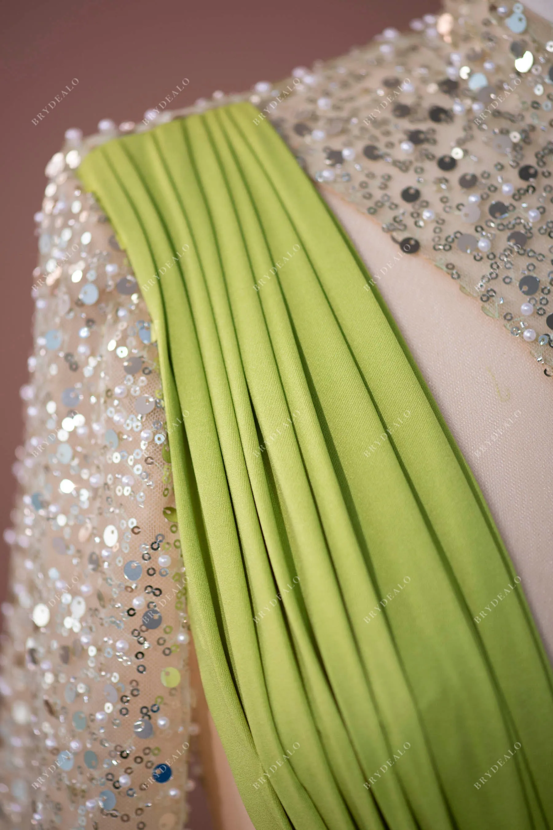 In Stock | Designer Sage Green Beaded Jersey Prom Dress