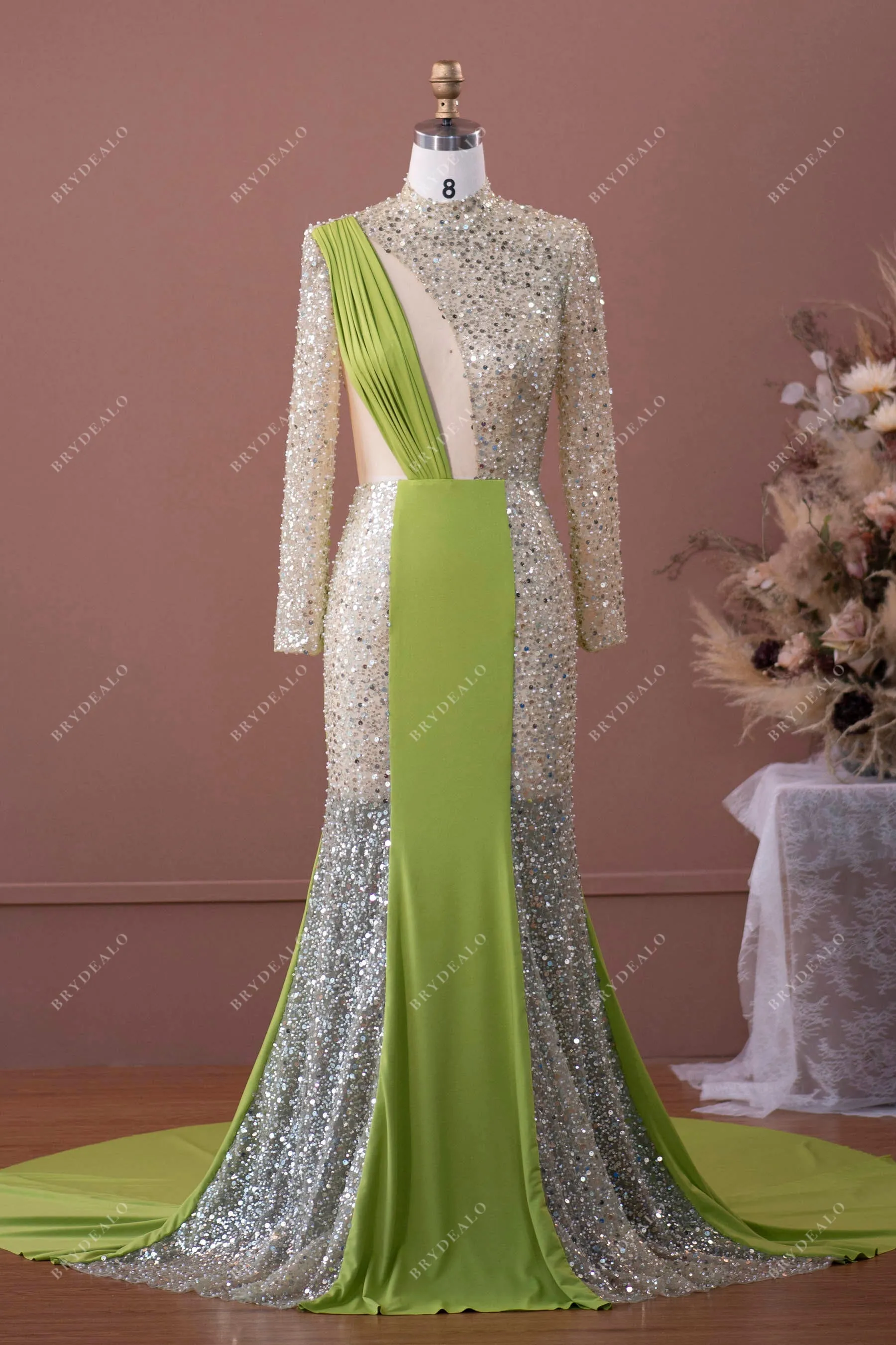 In Stock | Designer Sage Green Beaded Jersey Prom Dress