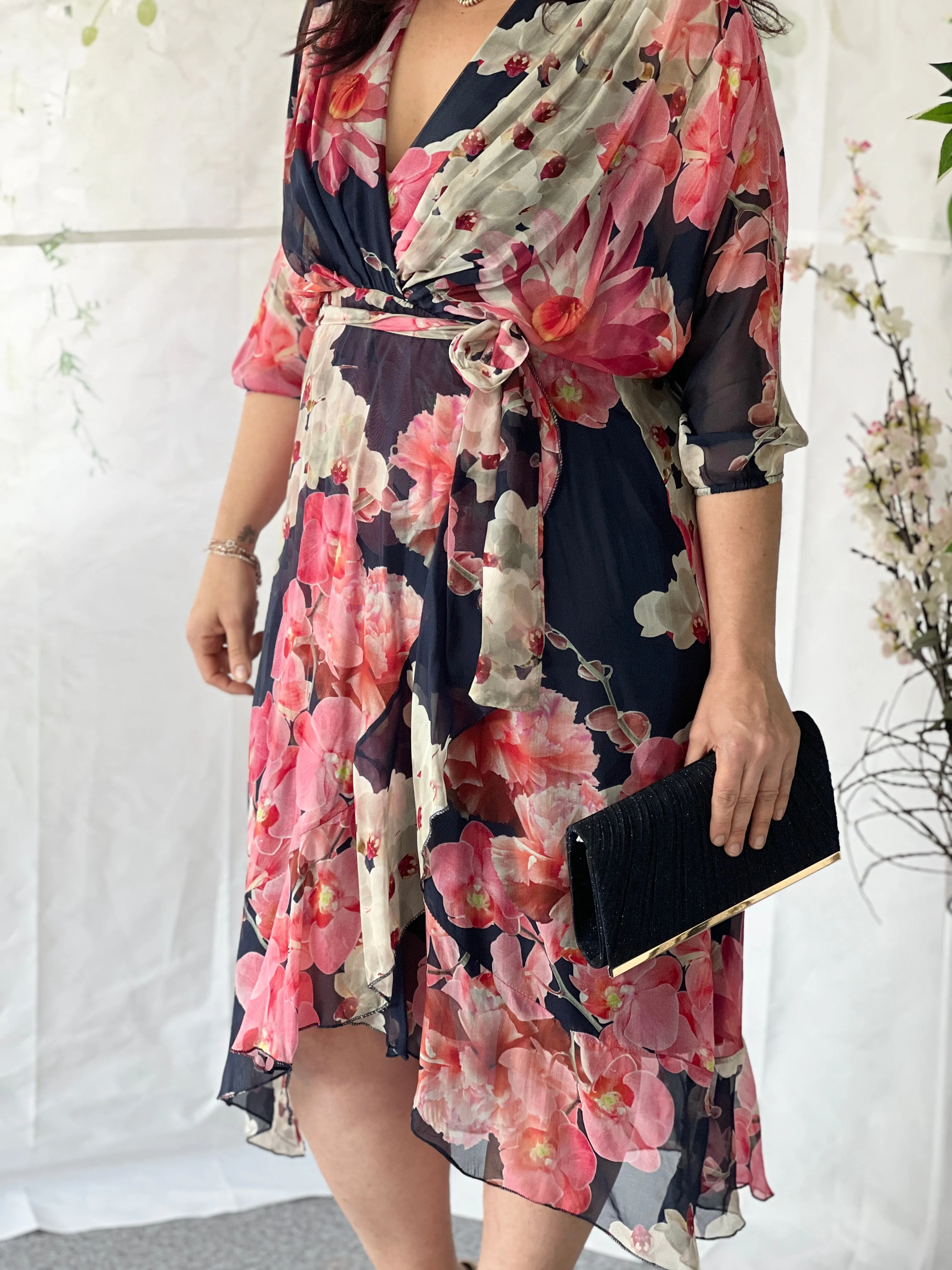 Ivanka Navy Blossom Silk Dress