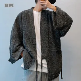 Japanese Streetwear Oversize Cardigan For Men - Casual Drop Shoulder Knitted Sweater Loose Coat