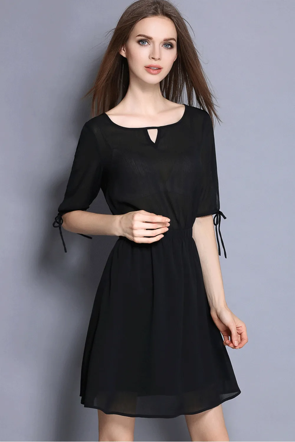 Ketty More Women Chic Solid Color Keyhole Neck Tie Sleeve Dress-KMWD438