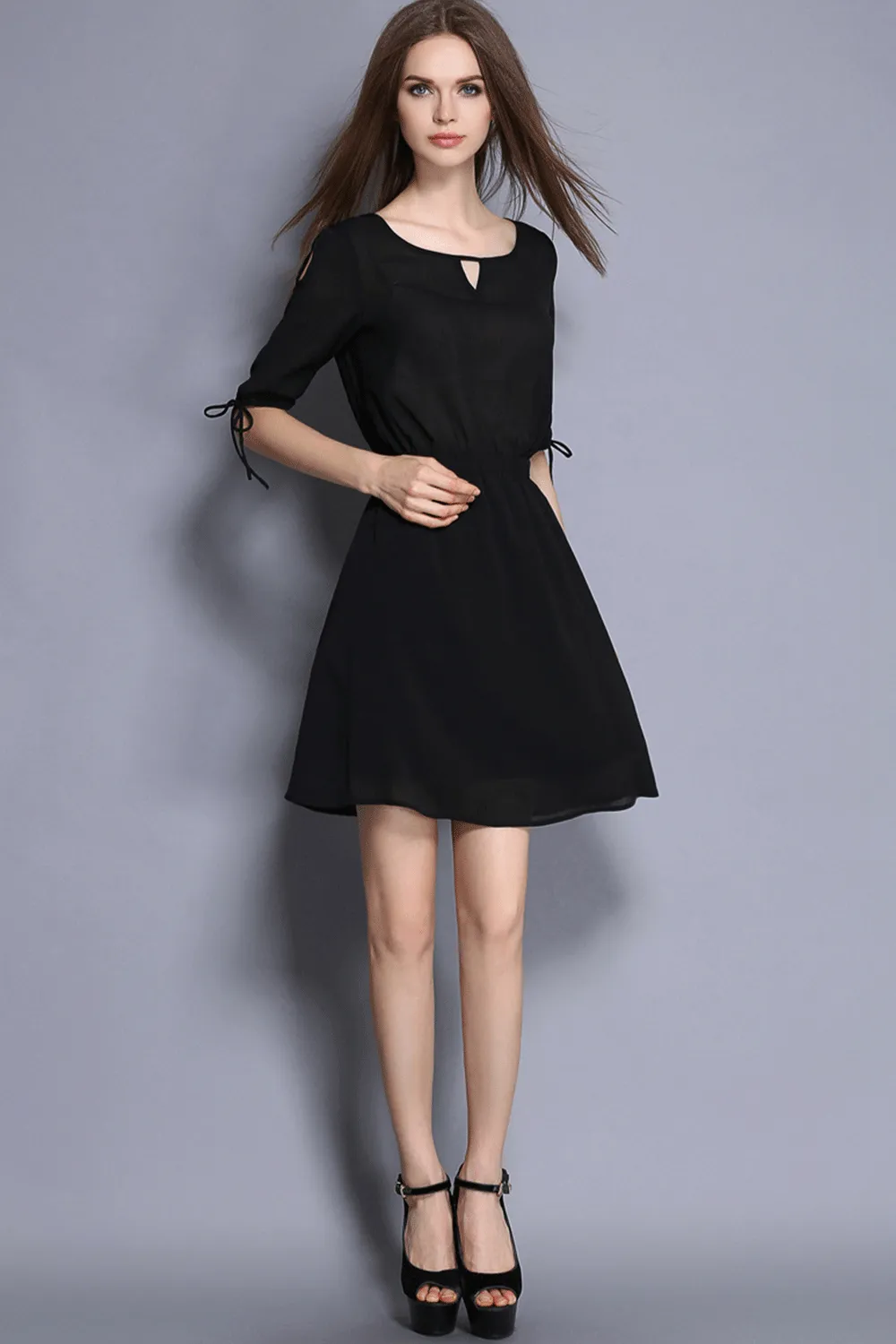 Ketty More Women Chic Solid Color Keyhole Neck Tie Sleeve Dress-KMWD438