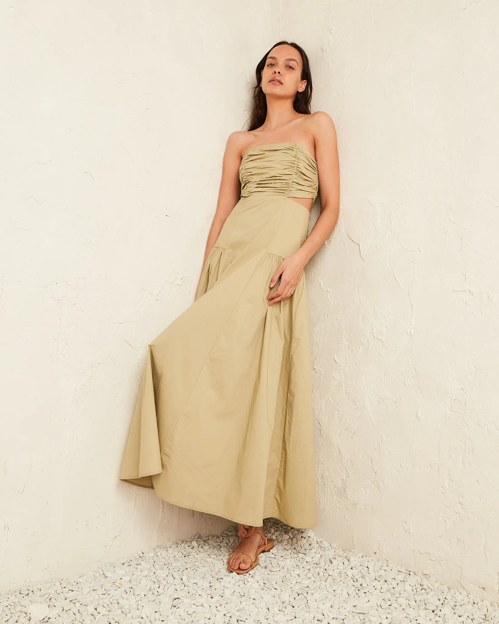 Kinley Light Olive Ruched Maxi Dress