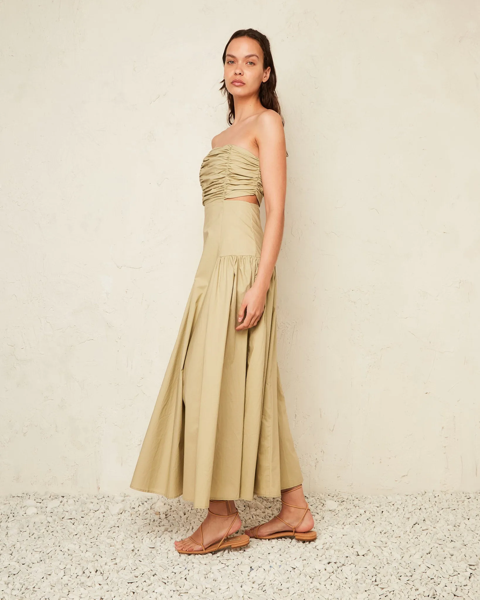 Kinley Light Olive Ruched Maxi Dress