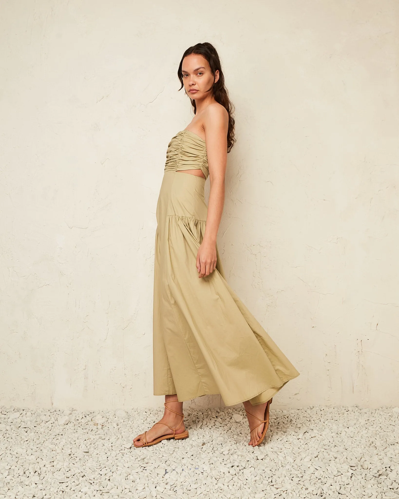 Kinley Light Olive Ruched Maxi Dress