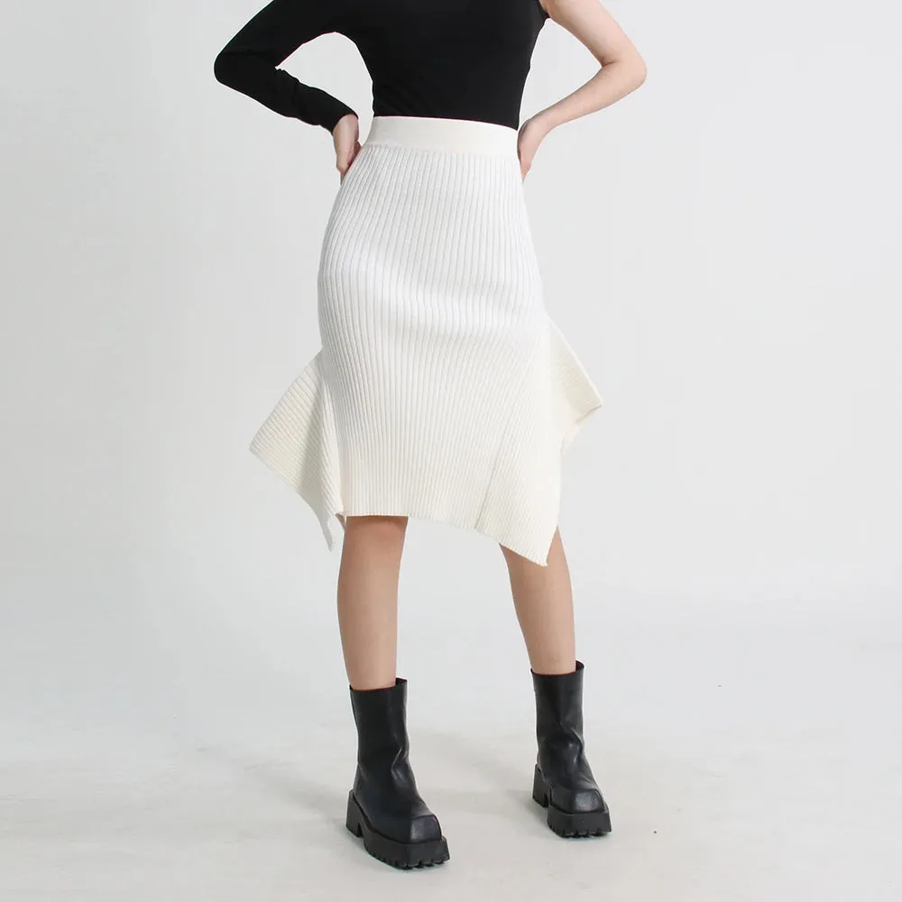 Knitting Ruffle Trim Midi Skirt For Women High Waist Solid Minimalsit Asymmetrical Casual Long Skirts Female