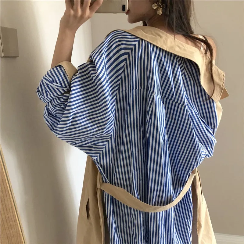 Korean Hit Color Windbreaker For Women Lapel Long Sleeve Sashes Print Striped Casual Windbreakers Female Fashion