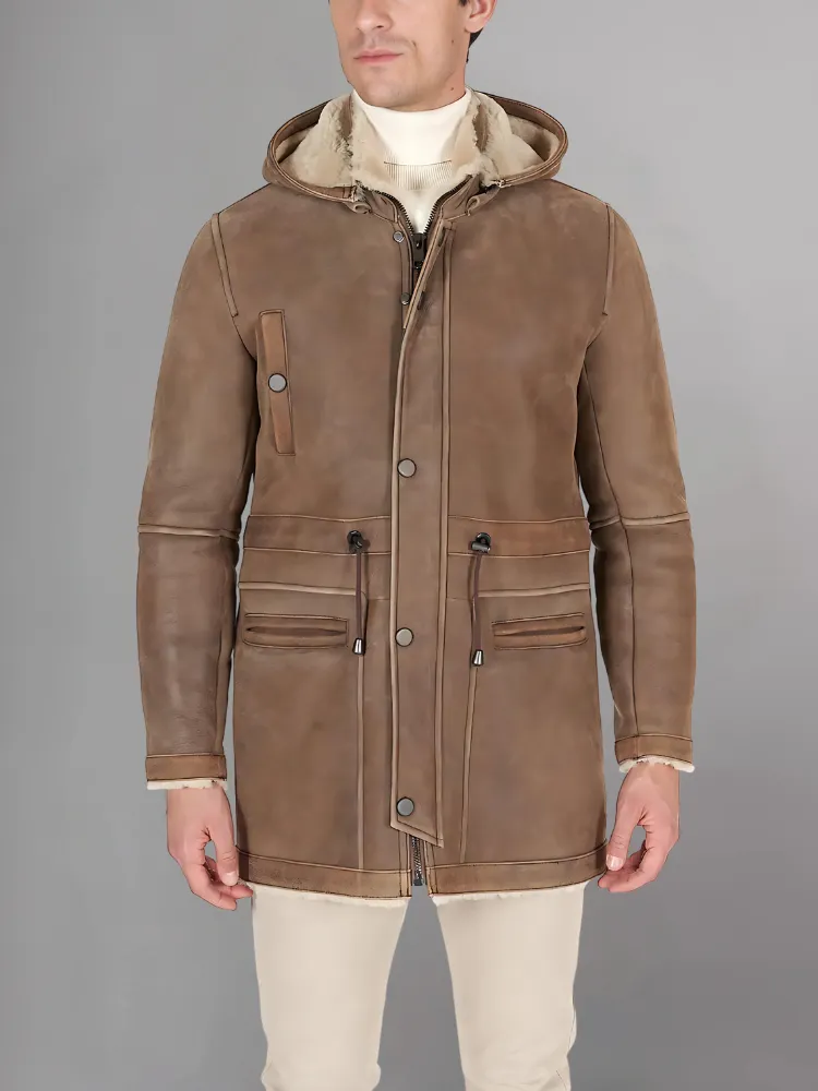 Light Brown Long Motorcycle Jacket with Hood