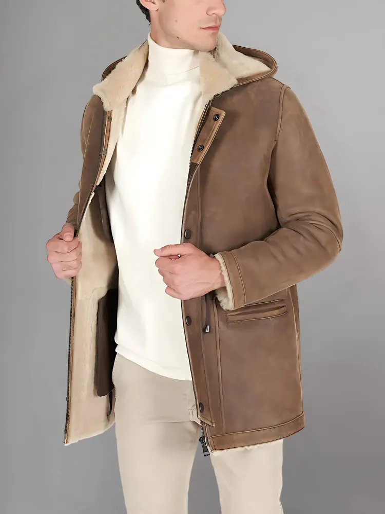 Light Brown Long Motorcycle Jacket with Hood