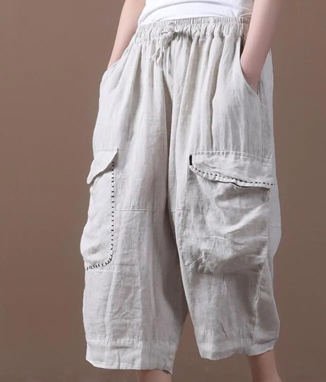 Linen Summer Loose Linen Wide Leg Women Casual Pants Elastic Waist WG05131