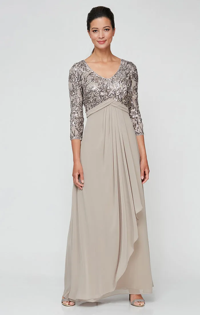 Long A-Line V-Neck Sequin Lace & Chiffon Gown with Empire Waistline