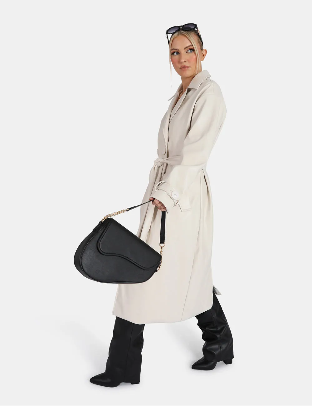 Longline PU Belted Ecru Trench