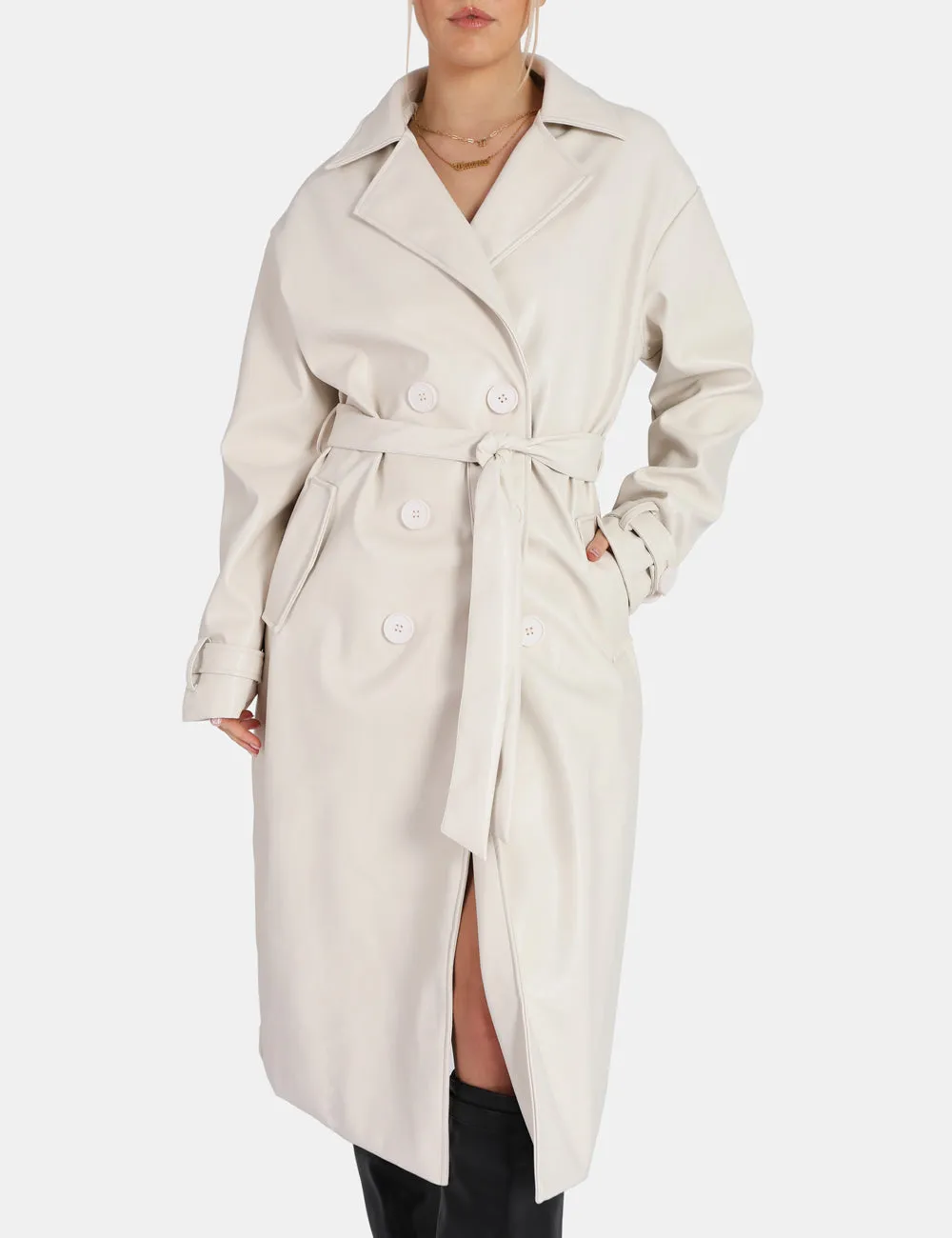 Longline PU Belted Ecru Trench