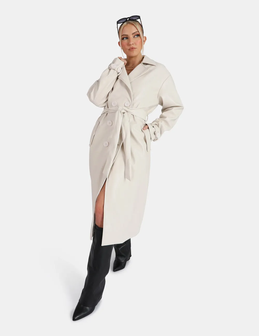 Longline PU Belted Ecru Trench