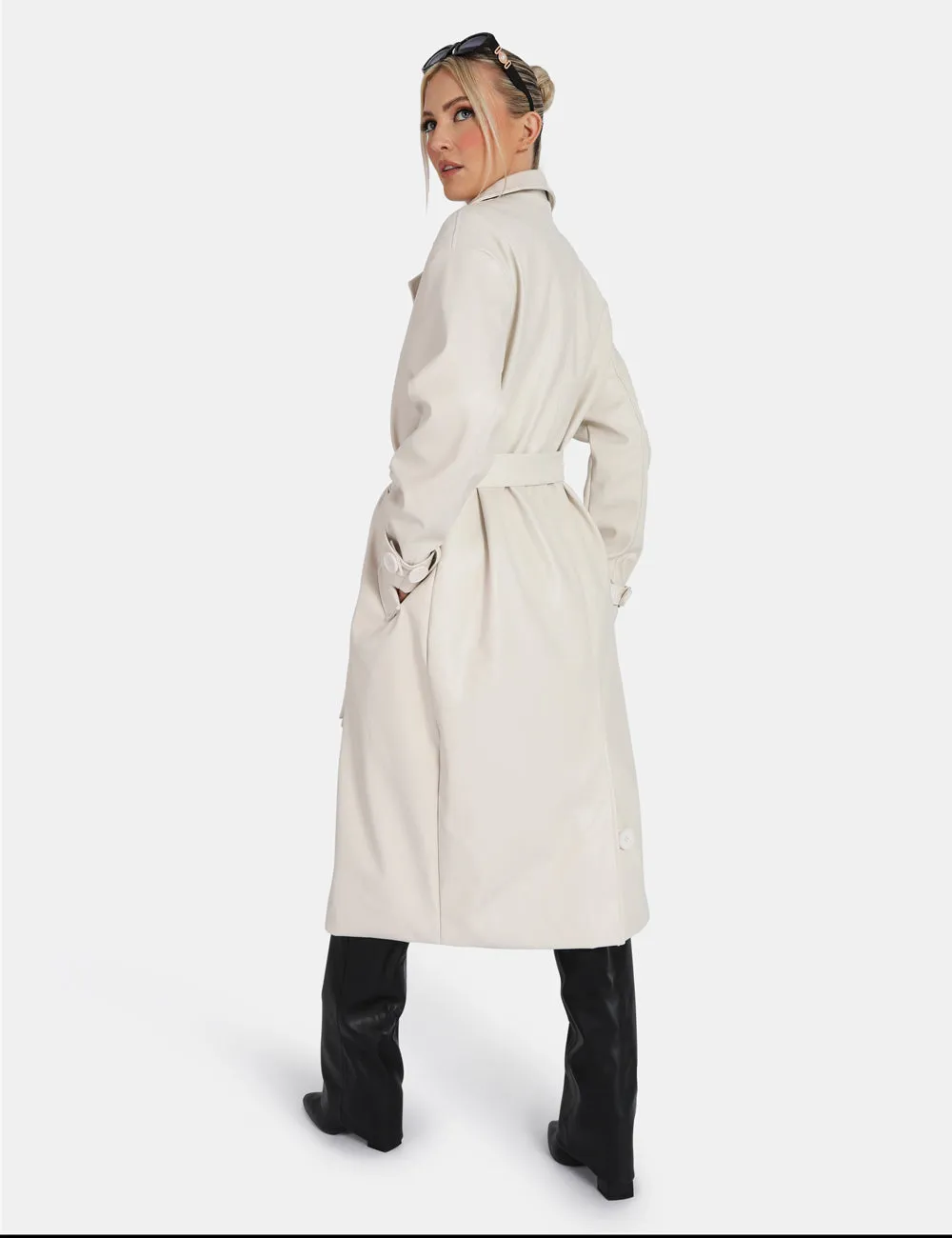 Longline PU Belted Ecru Trench