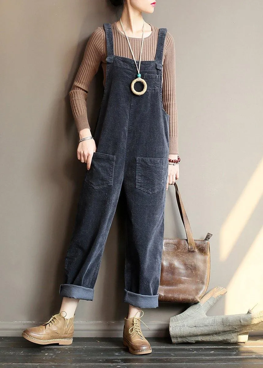 Loose gray corduroy pants overalls college style forest jumpsuit