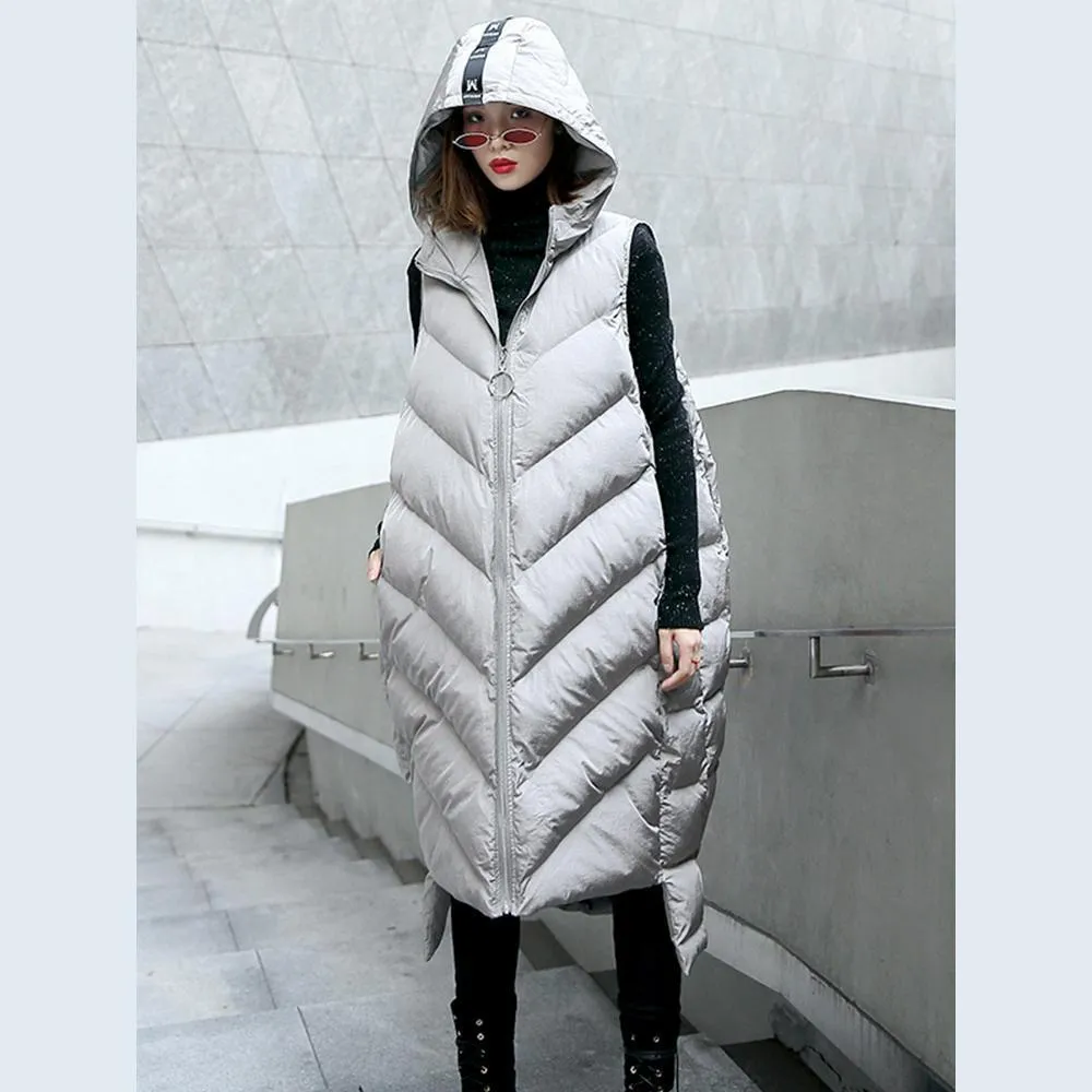 Luxury gray down jacket casual hooded zippered quilted coat women Sleeveless outwear