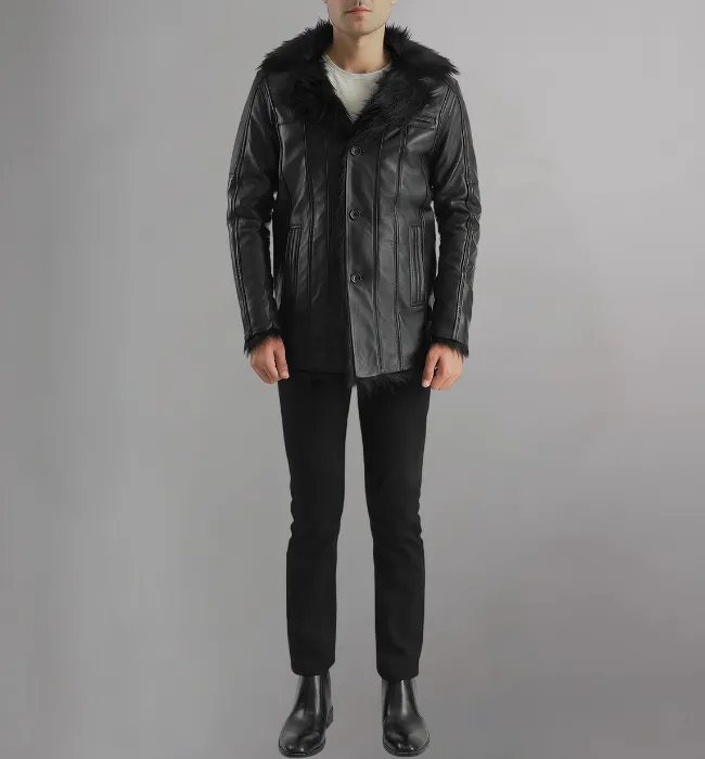 Mens Black Shearling Leather Coat