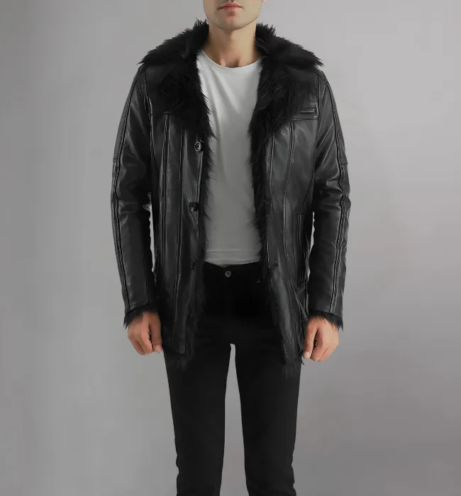 Mens Black Shearling Leather Coat