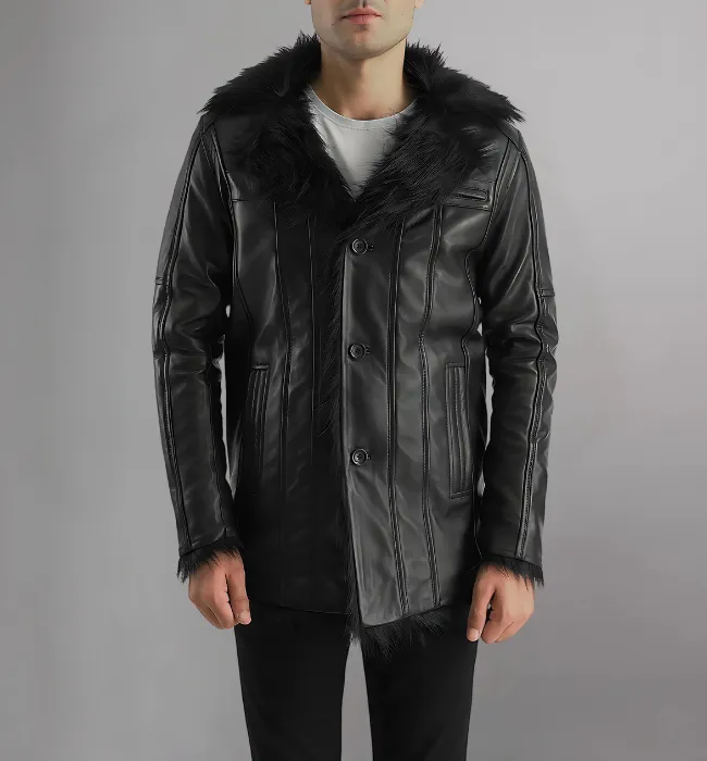 Mens Black Shearling Leather Coat