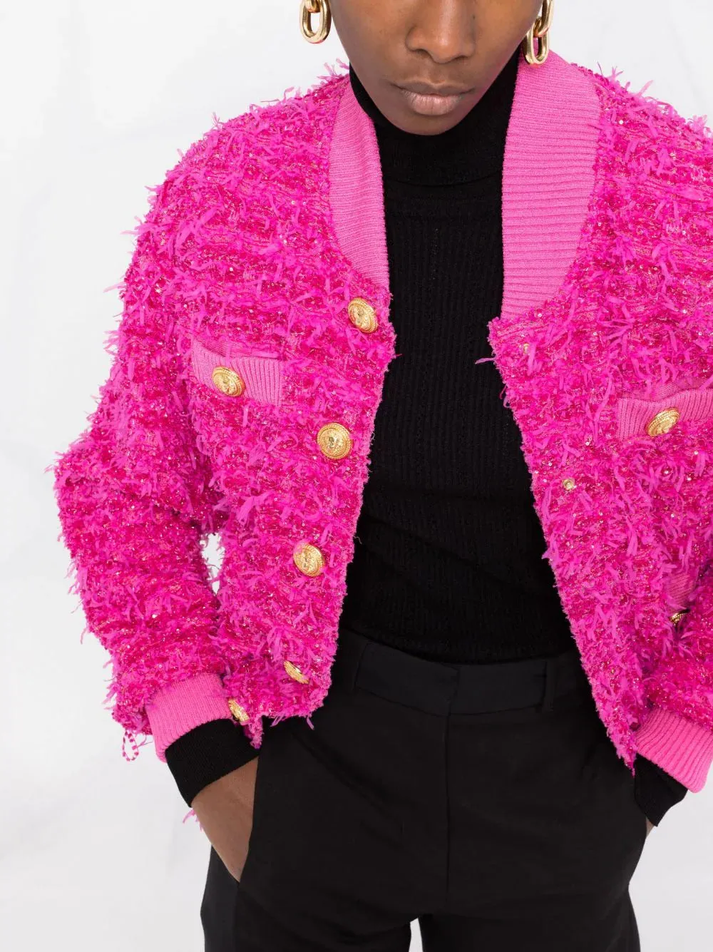 Metallic Pink Tweed Bomber - S