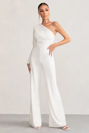 Mila | White One Shoulder Ruched Wide Leg Jumpsuit