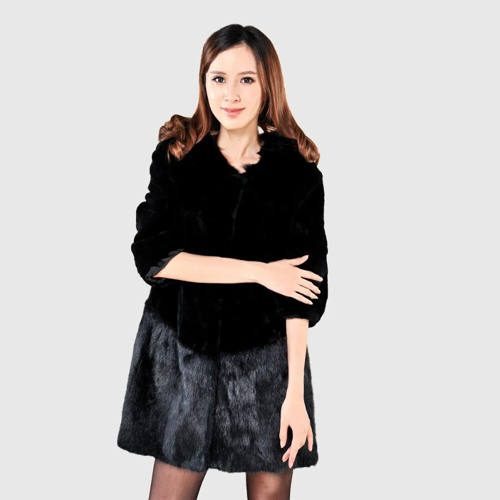 Natural Rex Rabbit Fur Coat with Muskrat Fur Hem Big Fox Collar