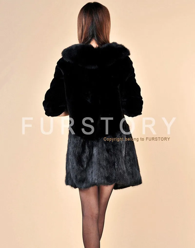 Natural Rex Rabbit Fur Coat with Muskrat Fur Hem Big Fox Collar