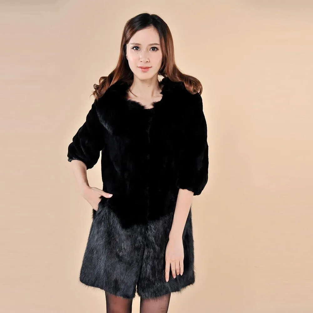 Natural Rex Rabbit Fur Coat with Muskrat Fur Hem Big Fox Collar