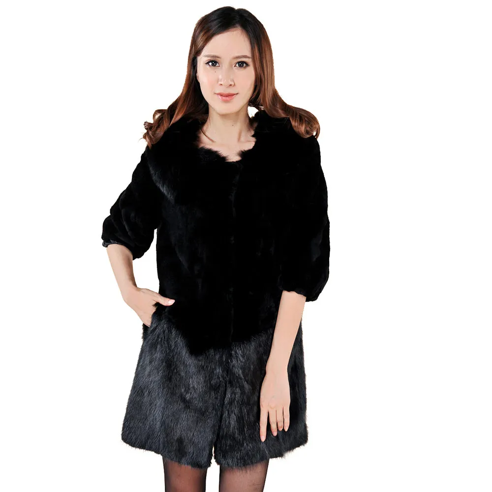 Natural Rex Rabbit Fur Coat with Muskrat Fur Hem Big Fox Collar