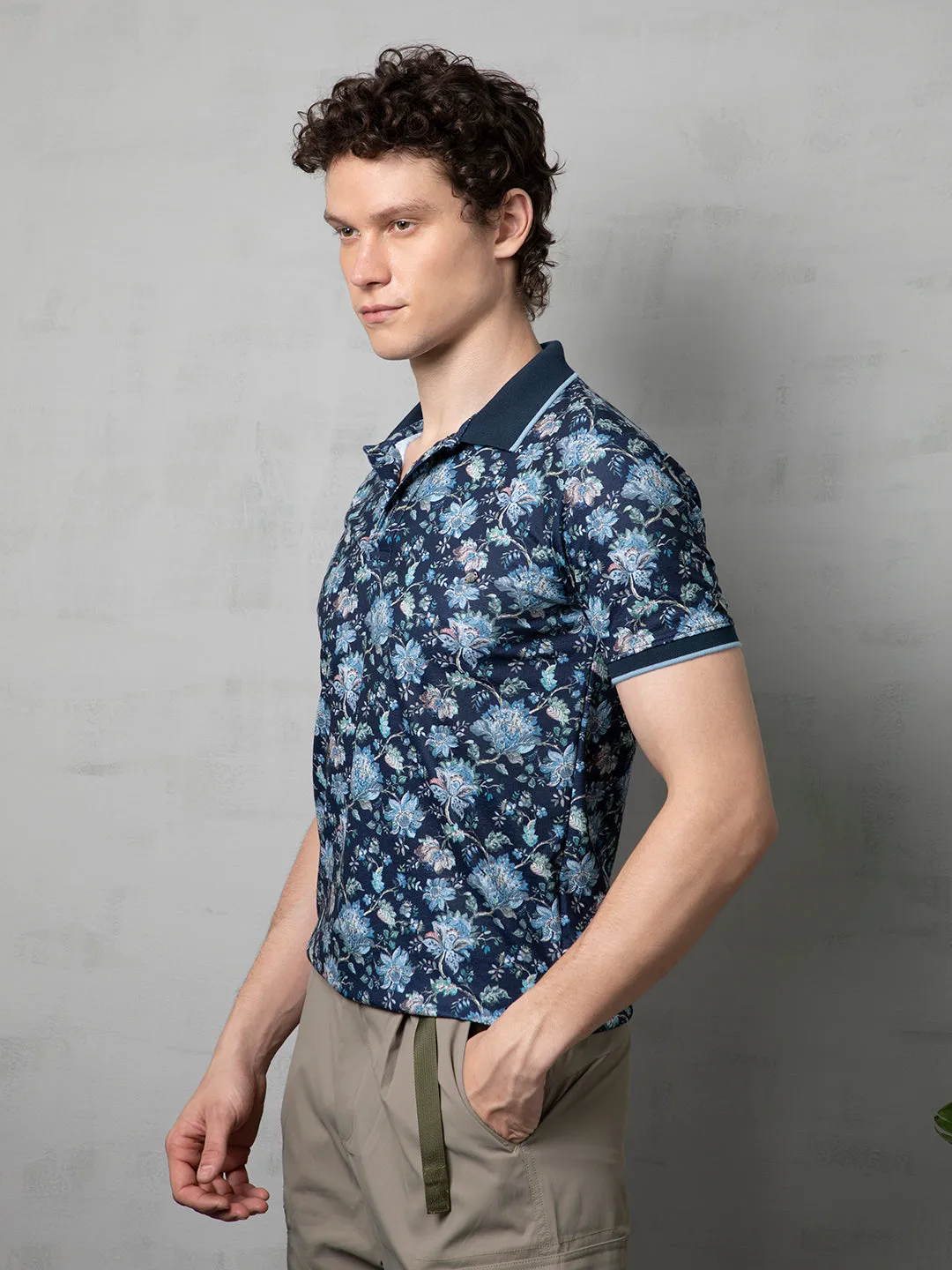 Navy Floral Print Polo