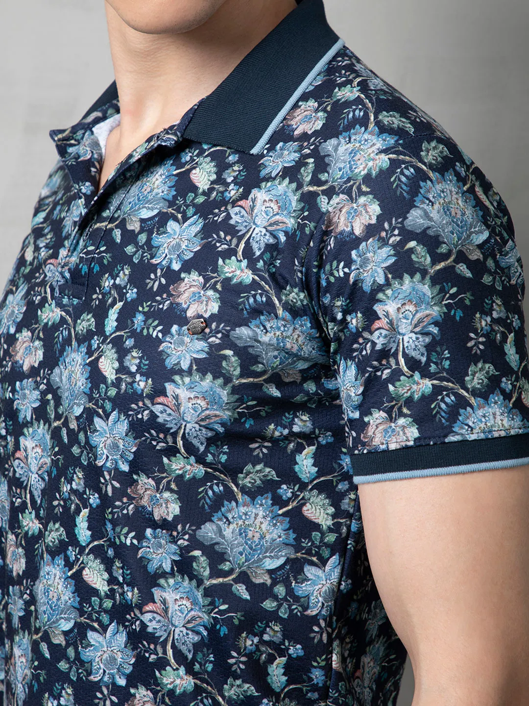 Navy Floral Print Polo