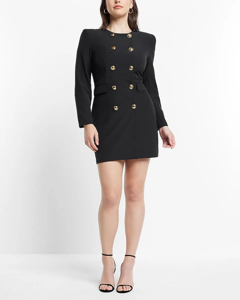 Novelty Button Padded Shoulder Mini Blazer Dress in Pitch Black